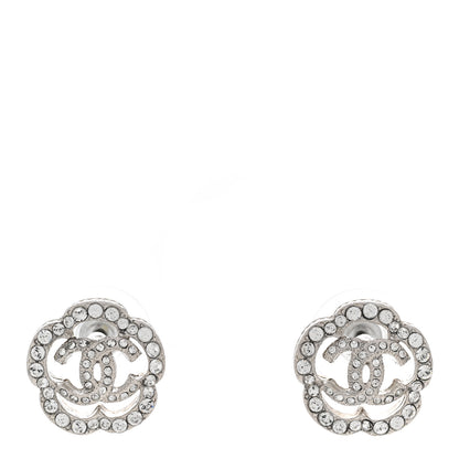 Chanel Crystal Coco Flapper Camellia CC Stud Earrings Silver 1 of 5