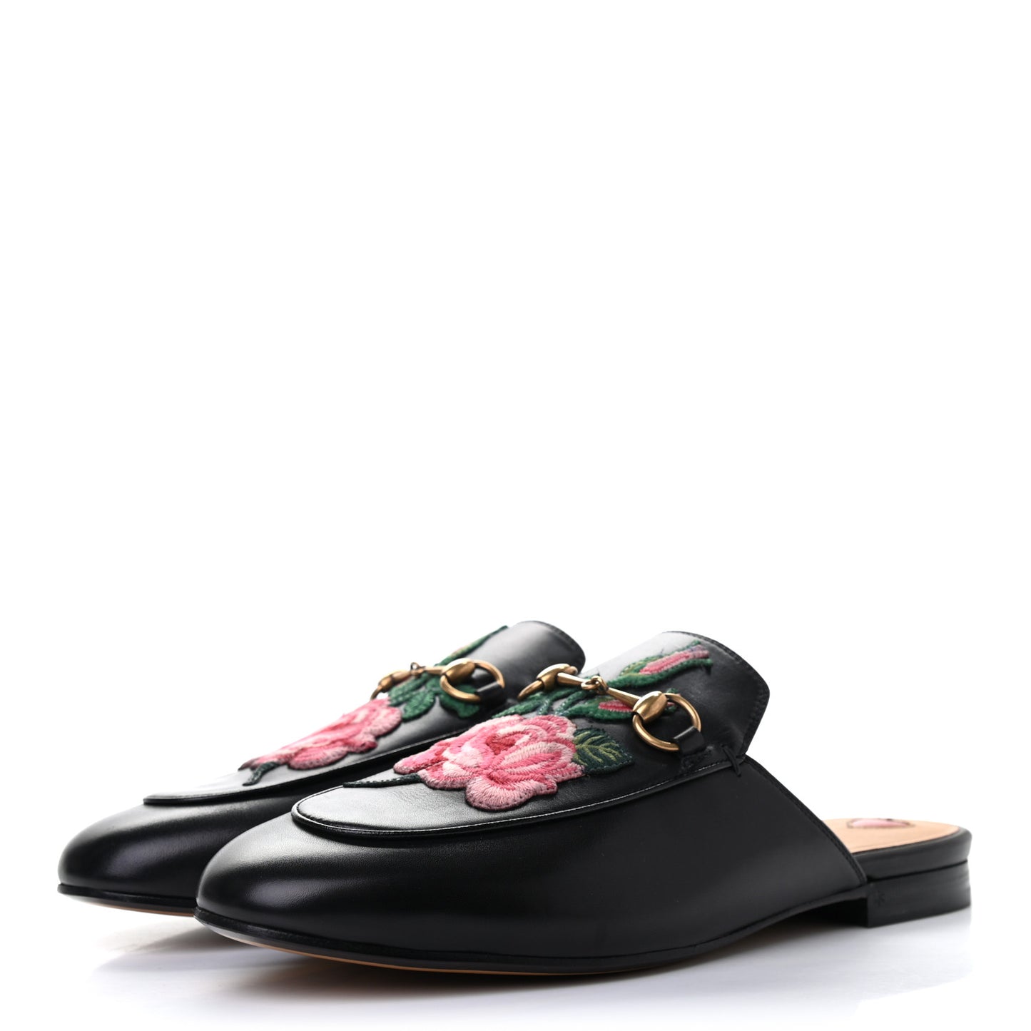 Calfskin Flower Embroidered Princetown Slippers 39 Black