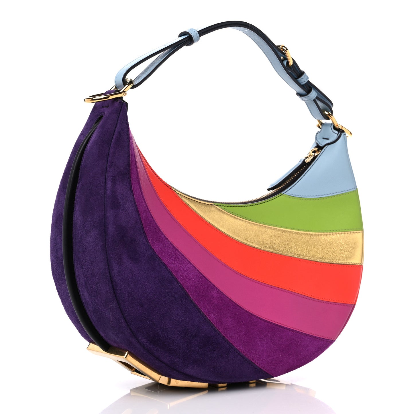 Vitello Seta Goatskin Suede Rainbow Inlay Small Fendigraphy Hobo Bag Multicolor Azzurro Baby