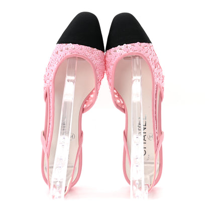 Chanel Sequins Satin Cap Toe CC Slingback Flat 36 Pink Black 2 of 9