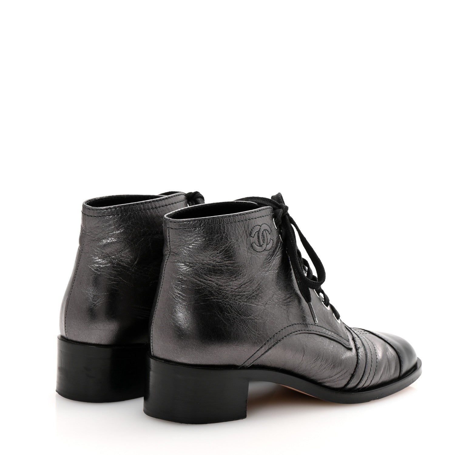Chanel Crumpled Calfskin CC Lace Up Boots 37 Grey Black 5 of 11