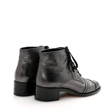 Chanel Crumpled Calfskin CC Lace Up Boots 37 Grey Black 5 of 11