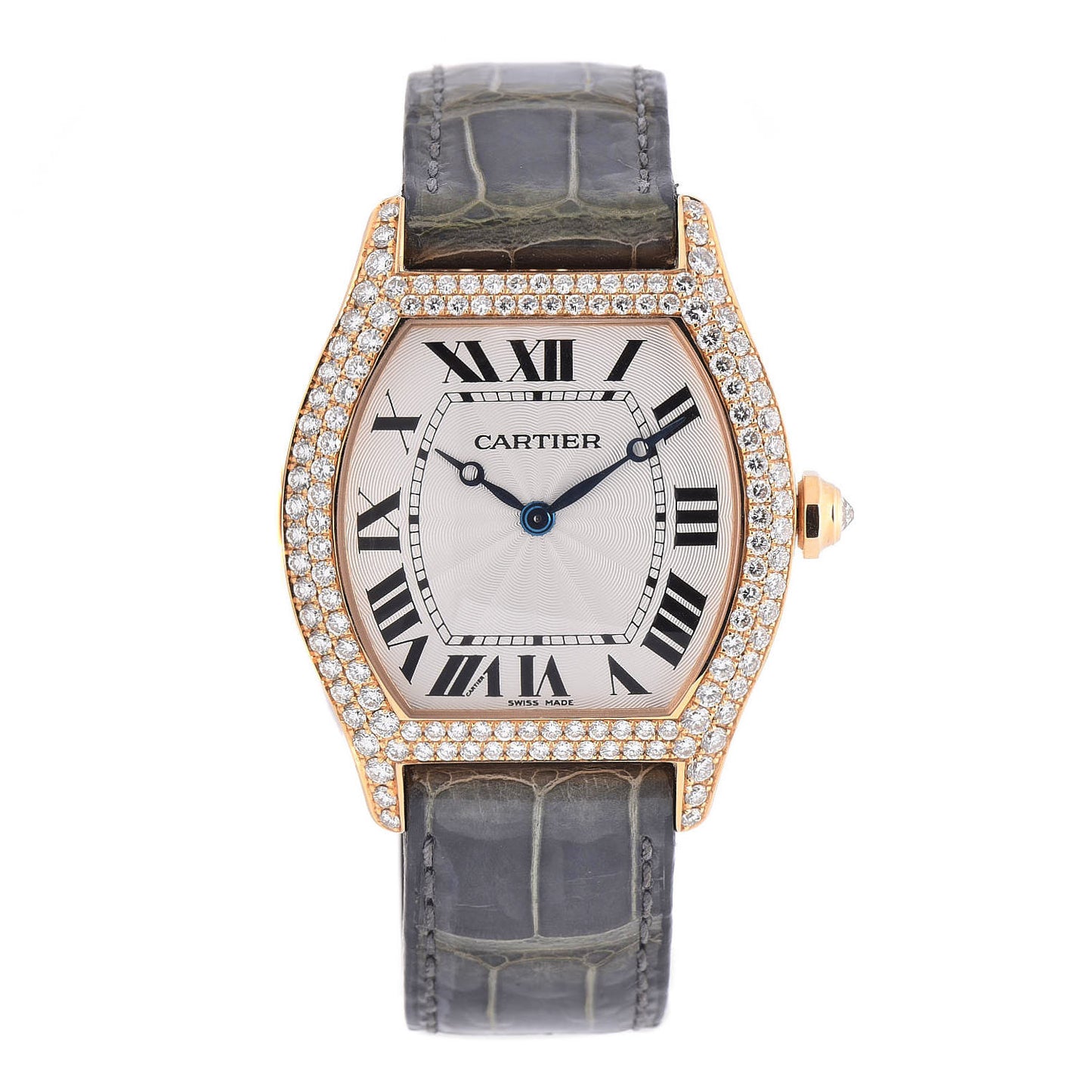18K Pink Gold Alligator Diamond Bezel 34mm Tortue Automatic Watch Grey
