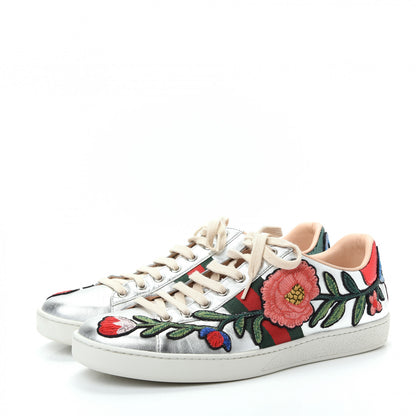 Gucci Metallic Calfskin Floral Embroidered Ace Sneakers 39.5 Silver 3 of 11
