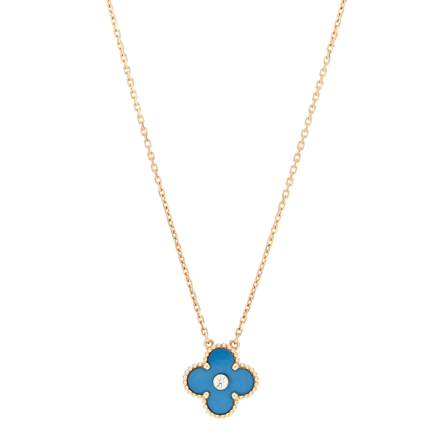18K Yellow Gold Diamond Celestial Blue Sevres Porcelain Vintage Alhambra Pendant Necklace