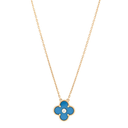 Van Cleef & Arpels 18K Yellow Gold Diamond Celestial Blue Sevres Porcelain Vintage Alhambra Pendant Necklace 1 of 6