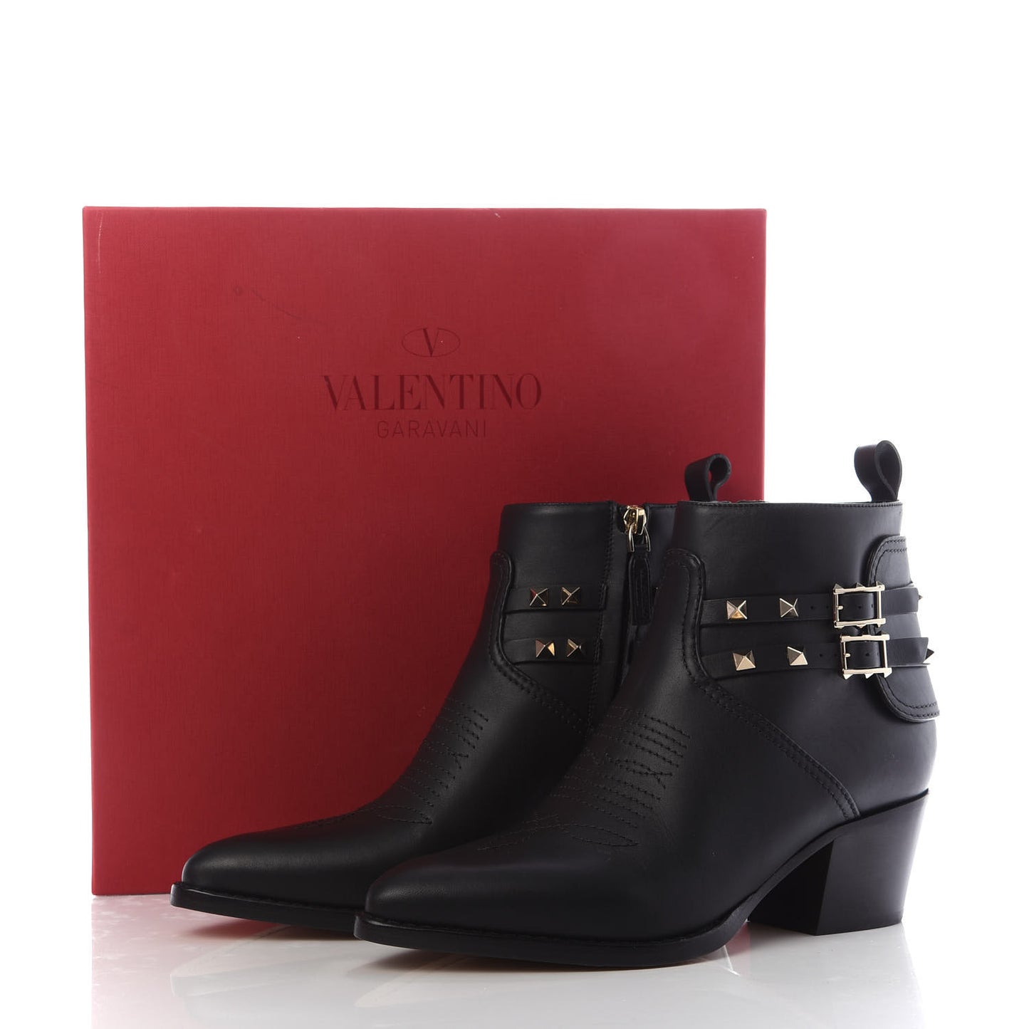 Calfskin Rockstud Double Buckle 50mm Cowboy Ankle Boots 38 Black