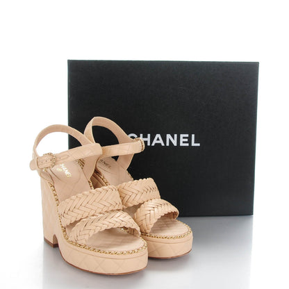 Chanel Calfskin Quilted Chain Around Wedge Sandals 37.5 Light Beige 8 of 8