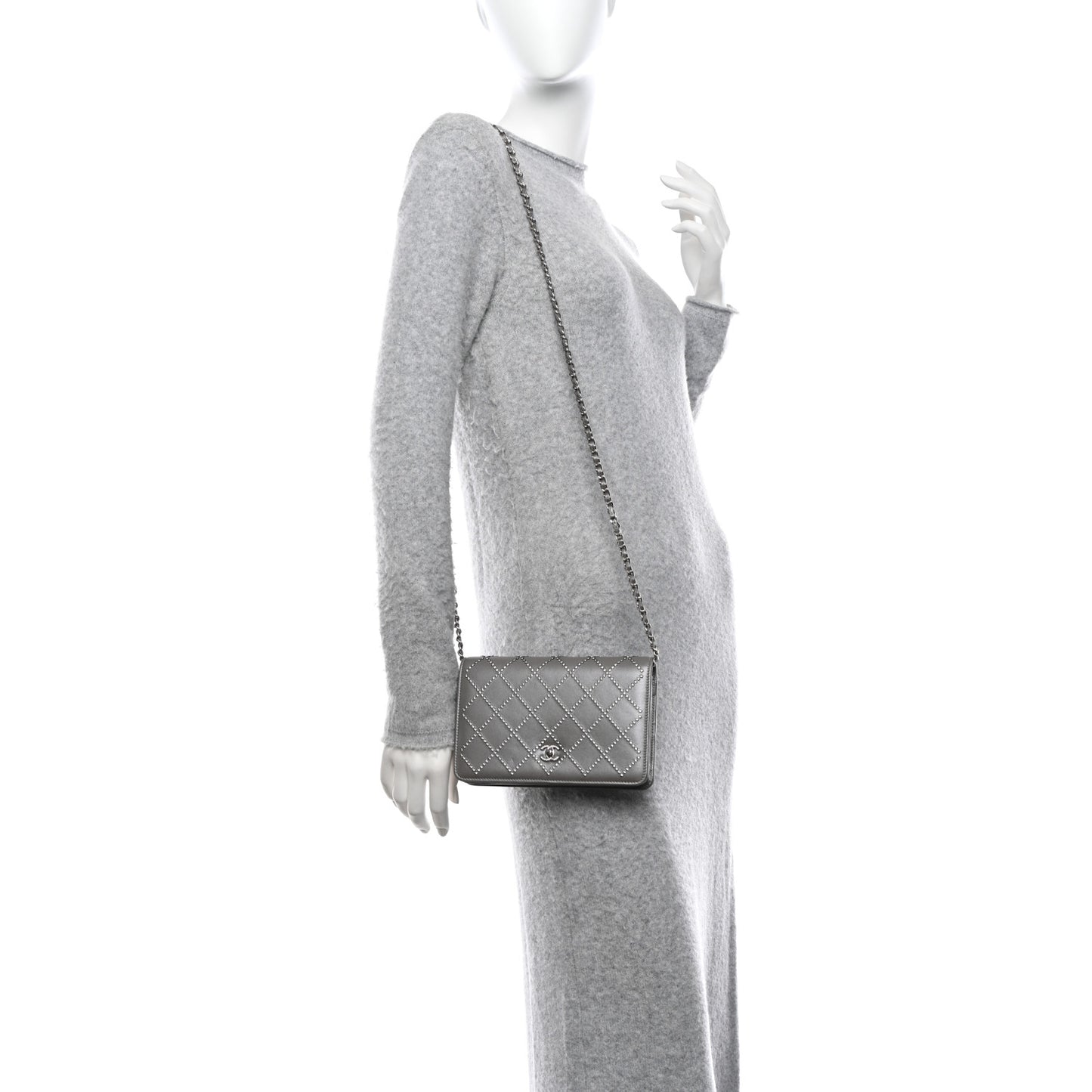 Lambskin Crystal Quilted Wallet On Chain WOC Grey