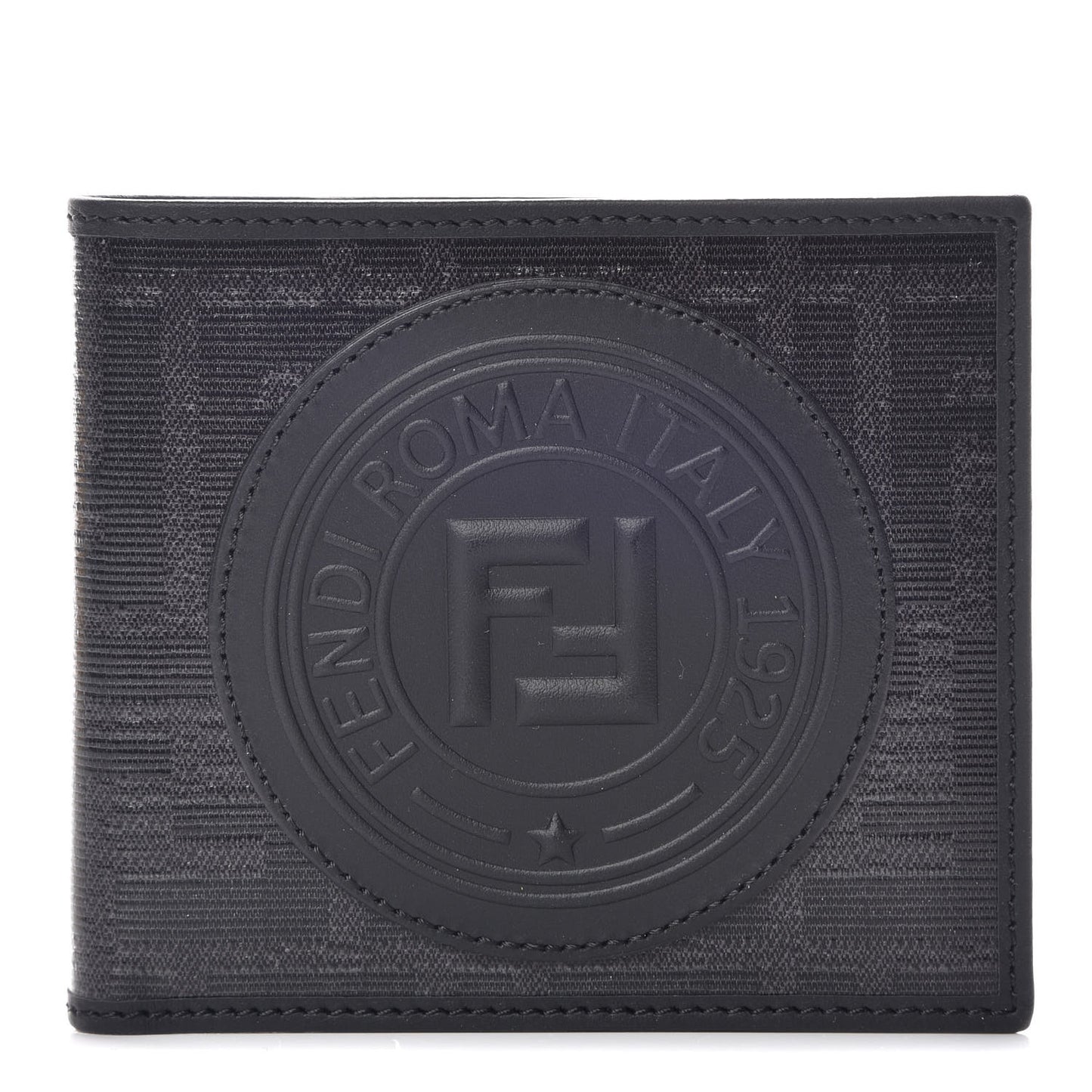 Glazed Fabric Vitello Century FF 1974 Stamp Patch Mens Bi-Fold Wallet Black
