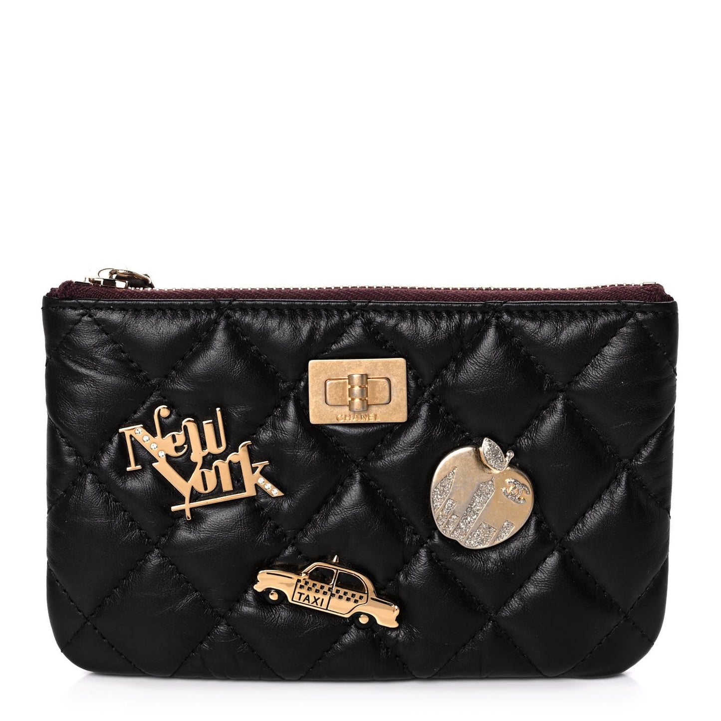 Aged Calfskin Quilted Small Lucky Charms Cosmetic Case Black