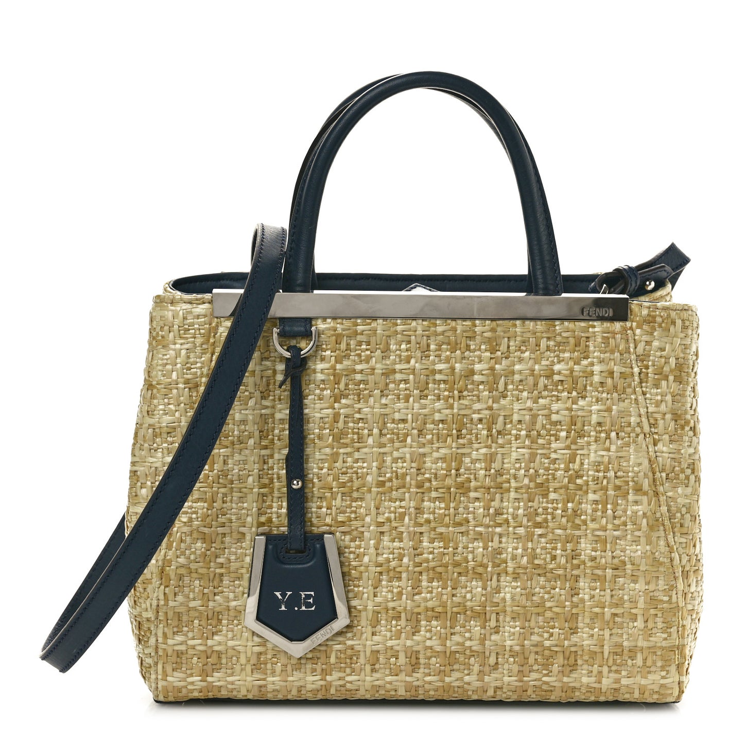 Woven Raffia Vitello Petite 2Jours Tote Natural Navy