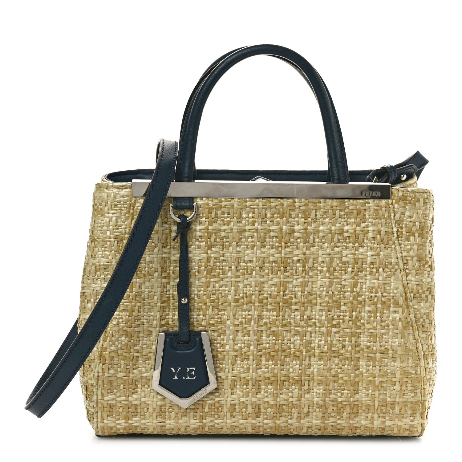Fendi Woven Raffia Vitello Petite 2Jours Tote Natural Navy 1 of 10