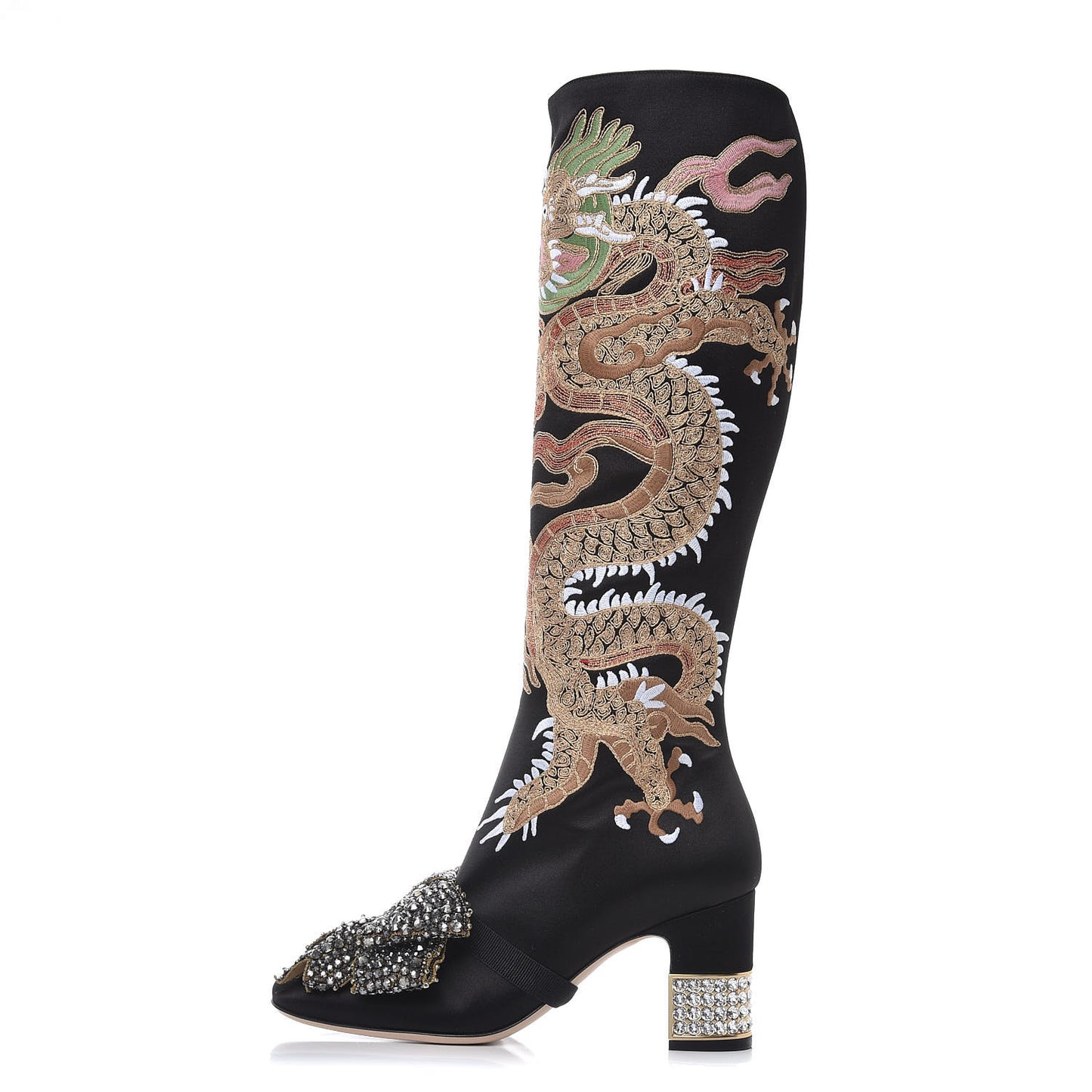 Silk Satin Malaga Kid Embroidered Candy Dragon Block-Heel Knee Boot 37.5 Black