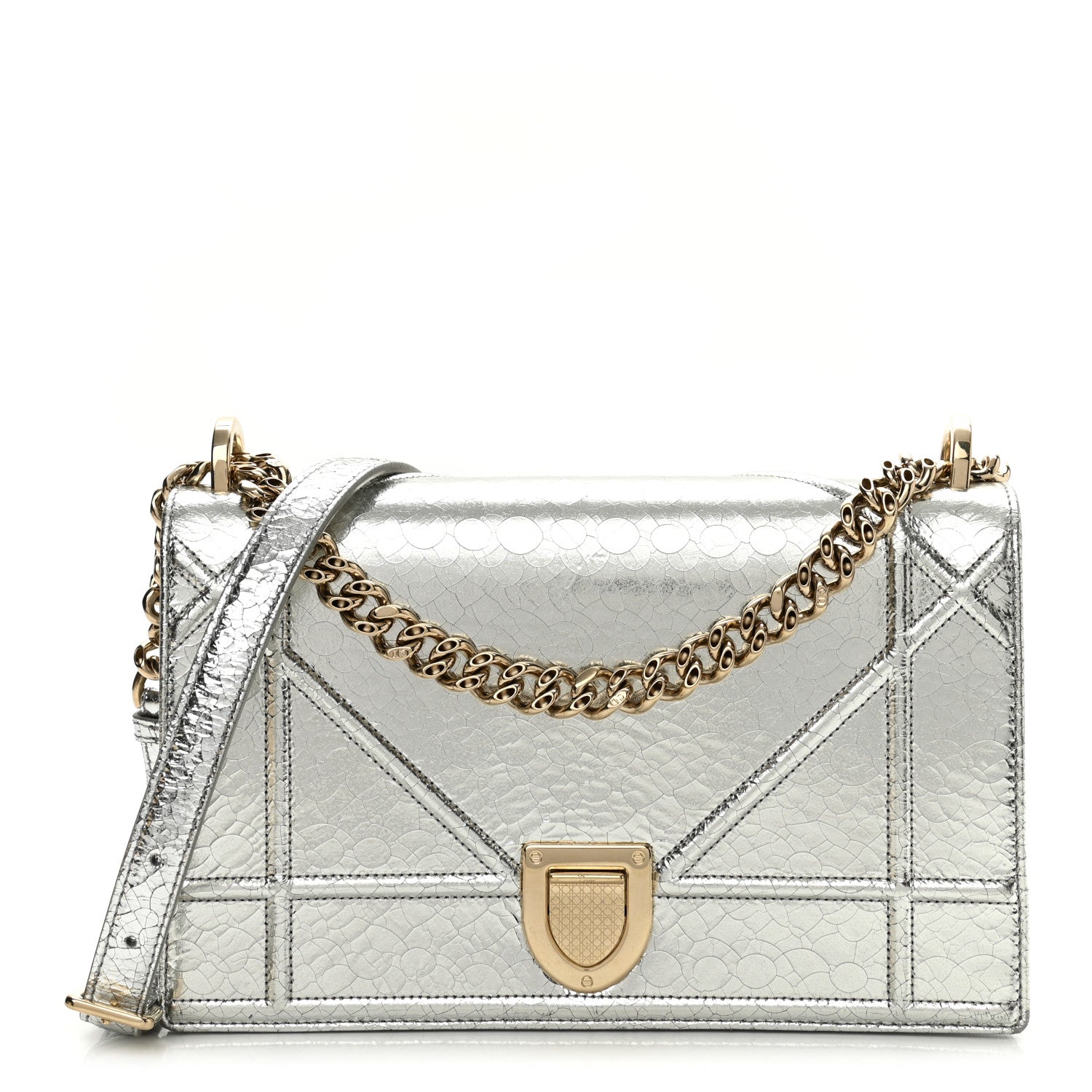 Christian Dior Metallic Ceramic Effect Deerskin Medium Diorama Flap Bag Silver 1 of 13