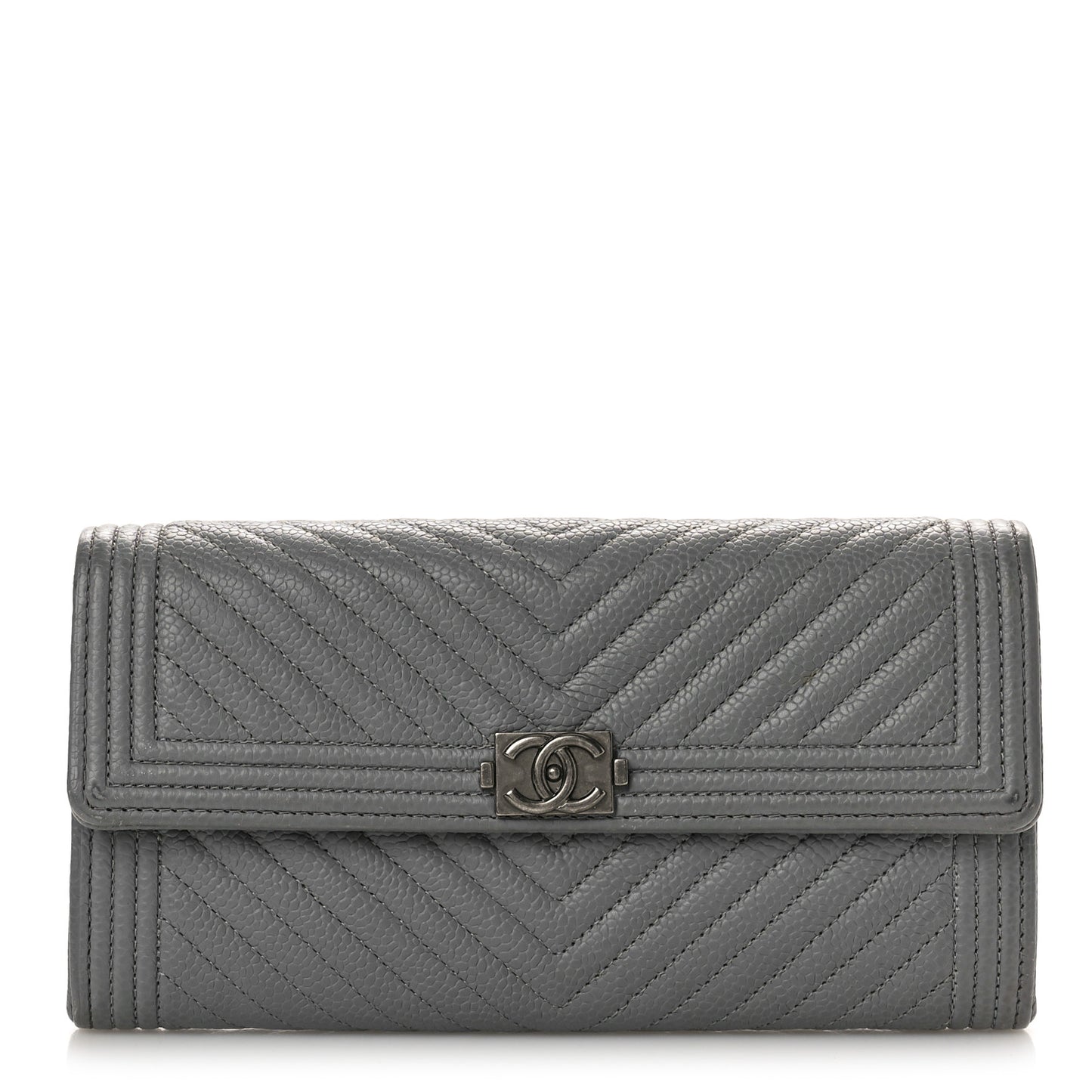 Caviar Chevron Quilted Large Boy Gusset Flap Wallet Grey