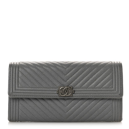 Chanel Caviar Chevron Quilted Large Boy Gusset Flap Wallet Grey 1 of 13