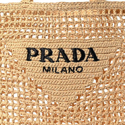 Prada Yarn Raffia Effect Crochet Logo Embroidered Tote Bag Naturale 10 of 10