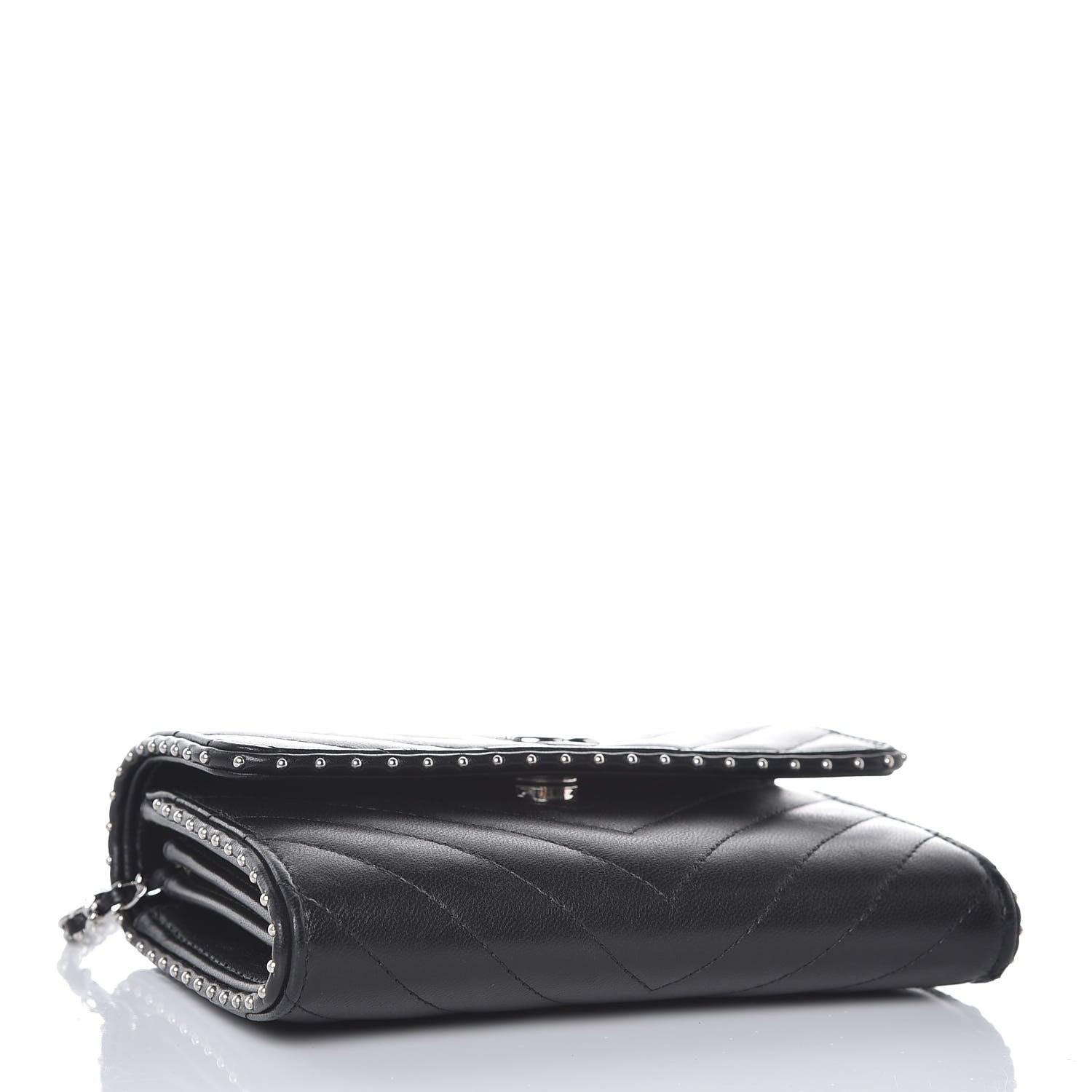 Chanel Lambskin Chevron Quilted Studded Clutch With Chain WOC Black 4 of 11