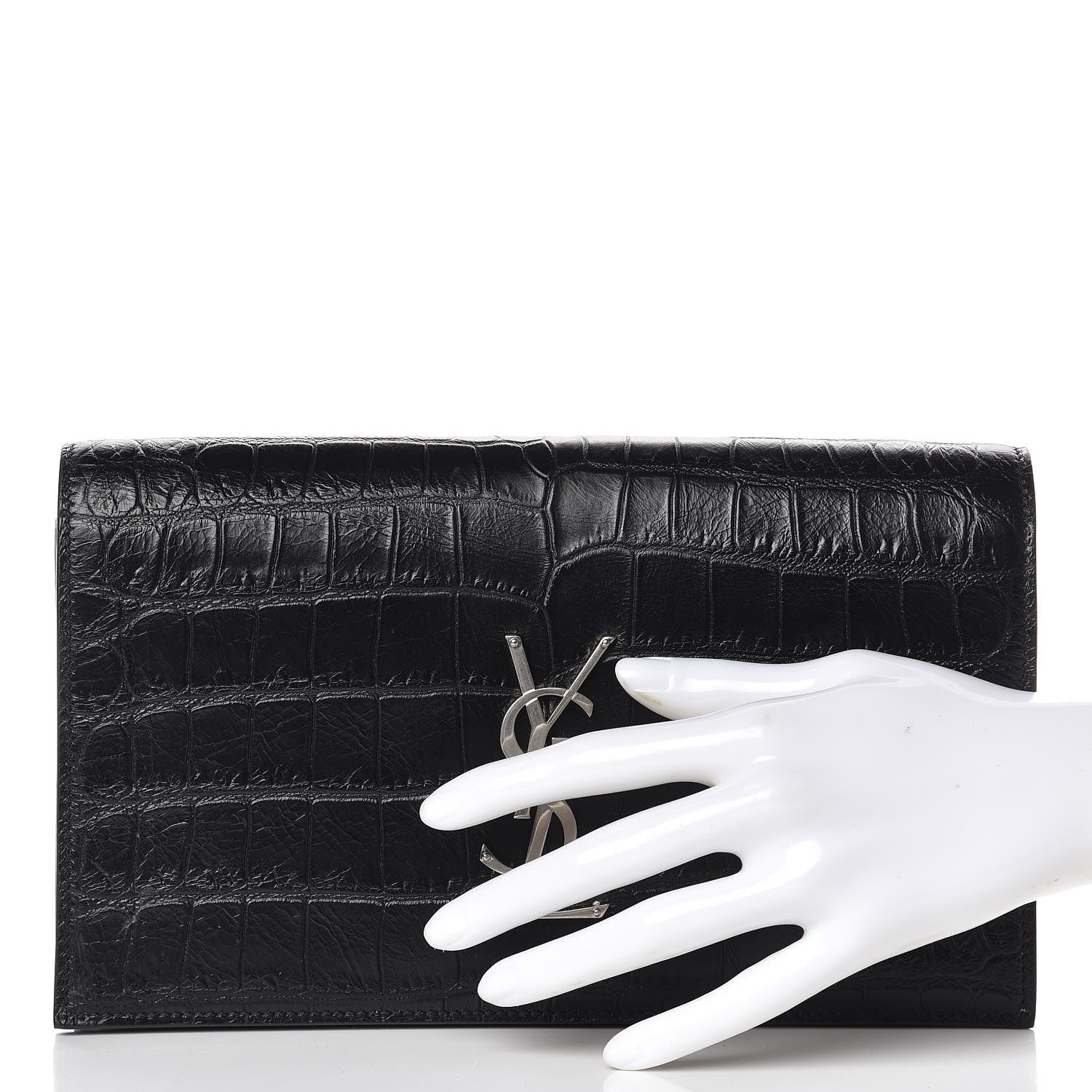 Saint Laurent Calfskin Crocodile Embossed Classic Kate Monogram Clutch Black 2 of 7