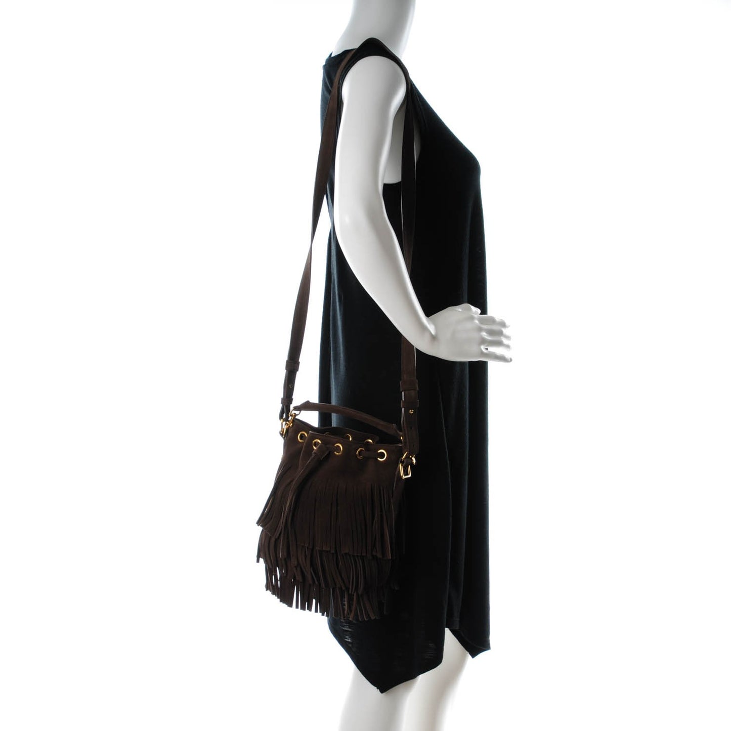 Suede Calfskin Small Emmanuelle Fringe Bucket Bag Brown