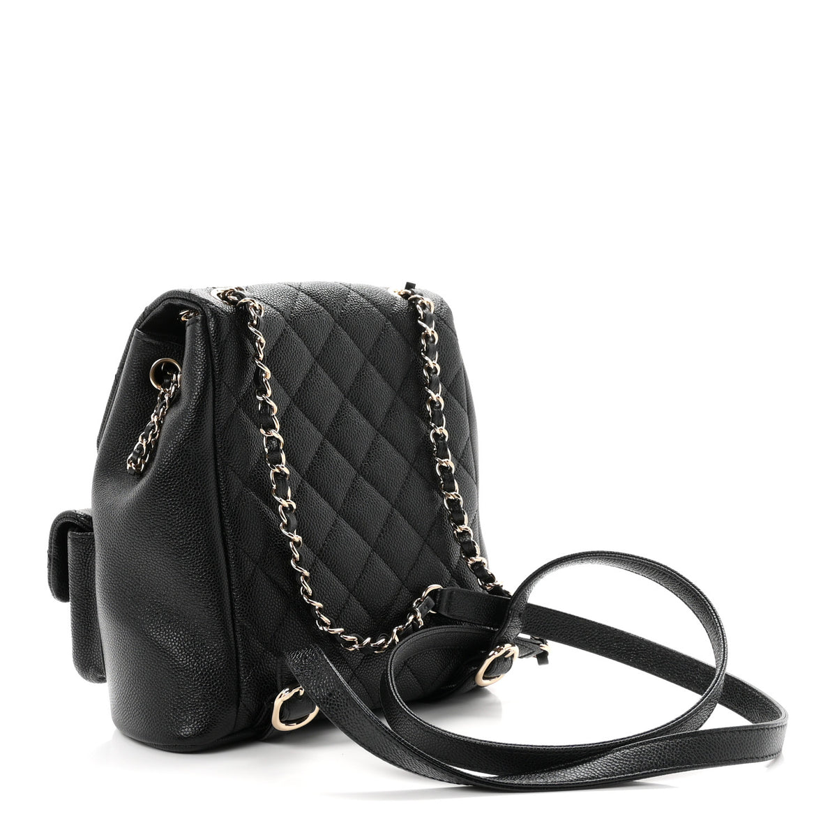Shiny Caviar Quilted Medium Duma Pockets Drawstring Backpack Black