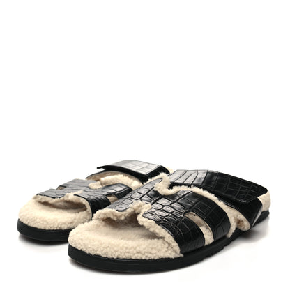 Hermes Matte Alligator Shearling Mens Chypre Sandals 43 Black Ecru 3 of 8