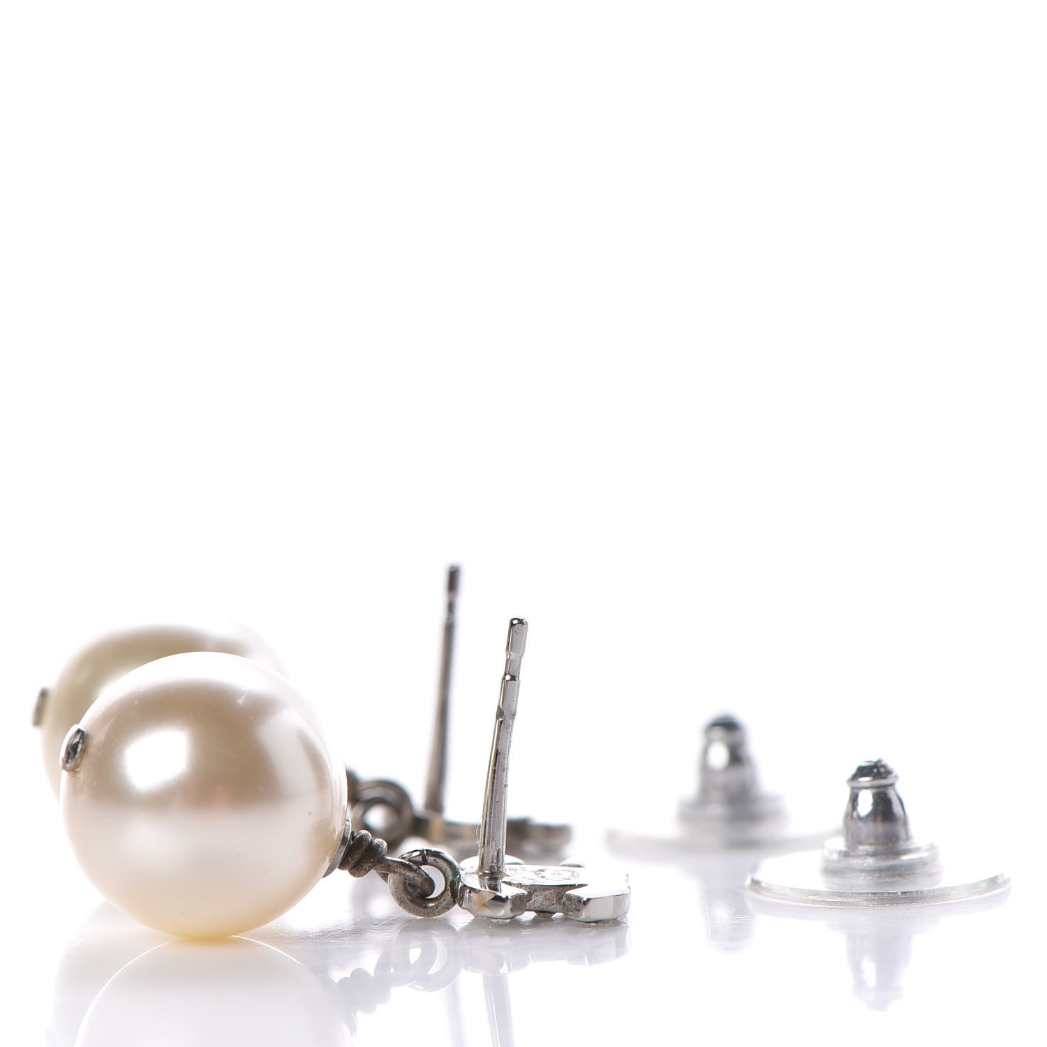 Chanel Crystal Pearl CC Drop Earrings Silver Pearly White 3 of 5