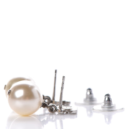 Chanel Crystal Pearl CC Drop Earrings Silver Pearly White 3 of 5