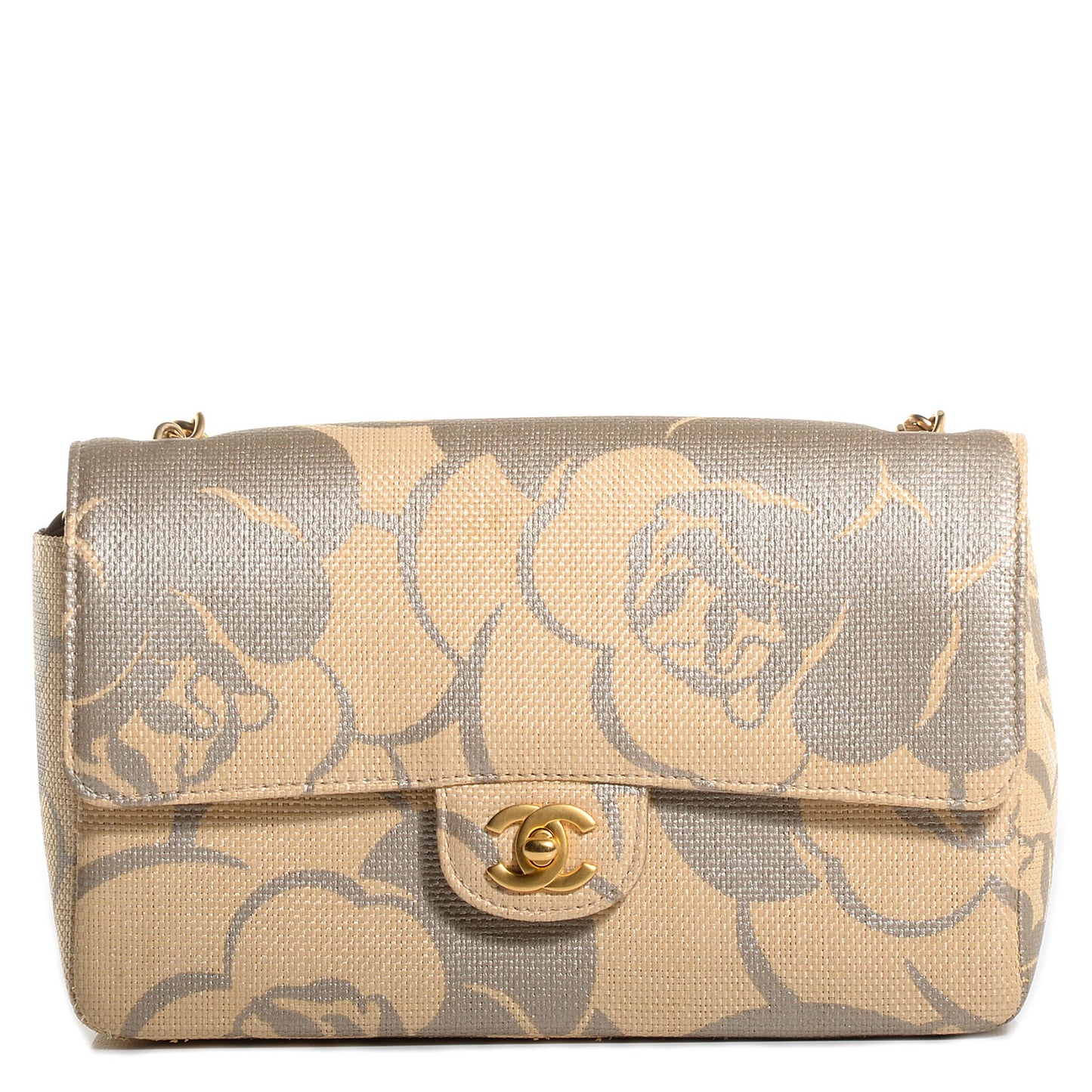 Woven Straw Camellia Print Medium Single Flap