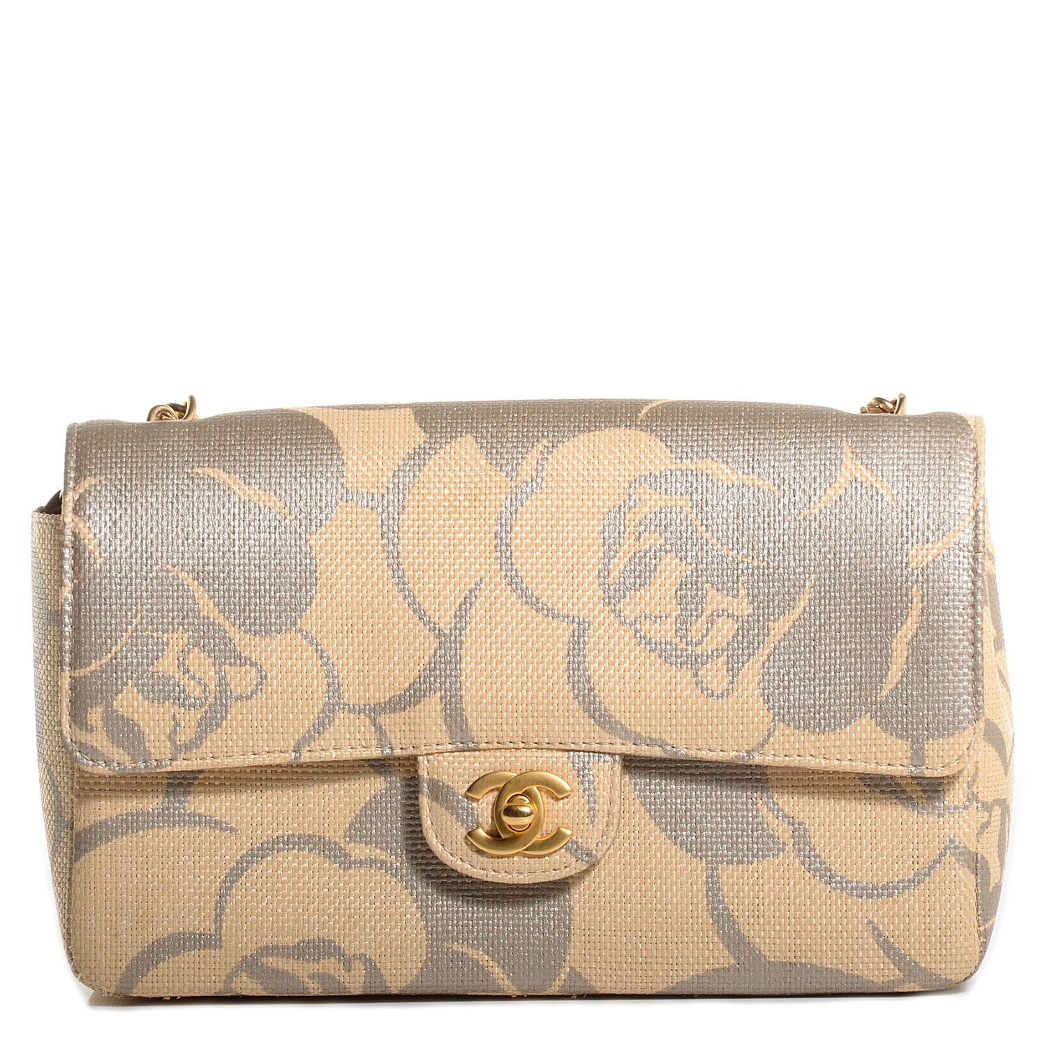 Chanel Woven Straw Camellia Print Medium Single Flap 1 of 8
