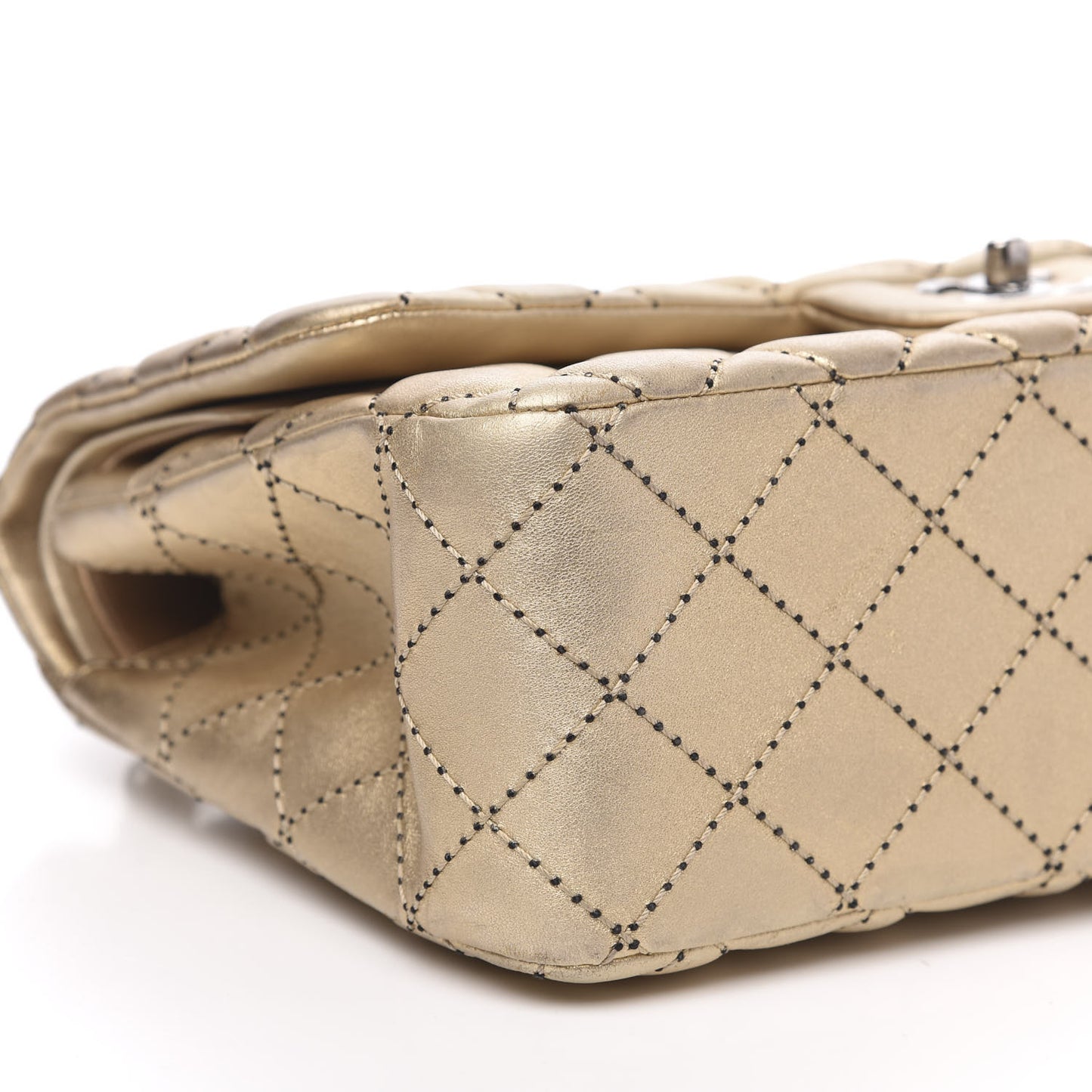 Metallic Washed Lambskin Quilted Jumbo Double Flap Dark Gold Black