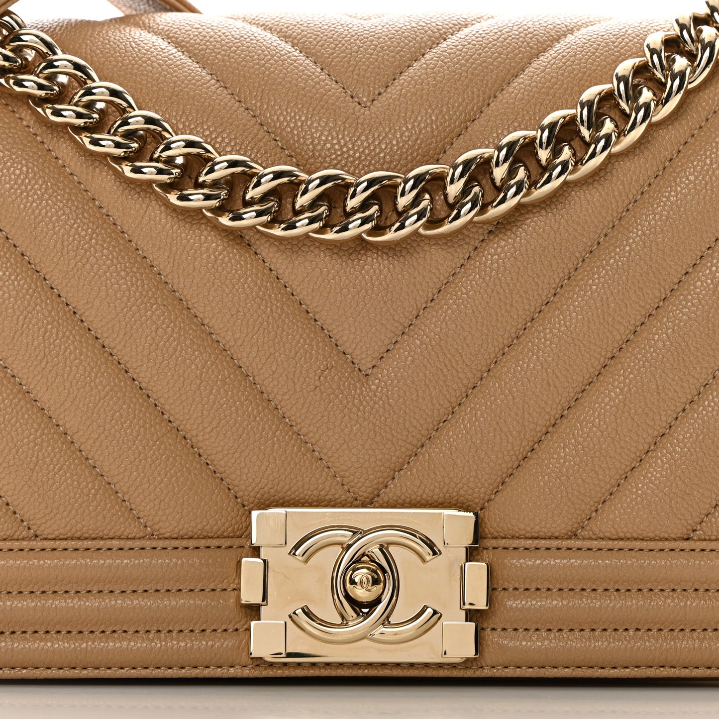 Caviar Chevron Quilted Medium Boy Flap Beige