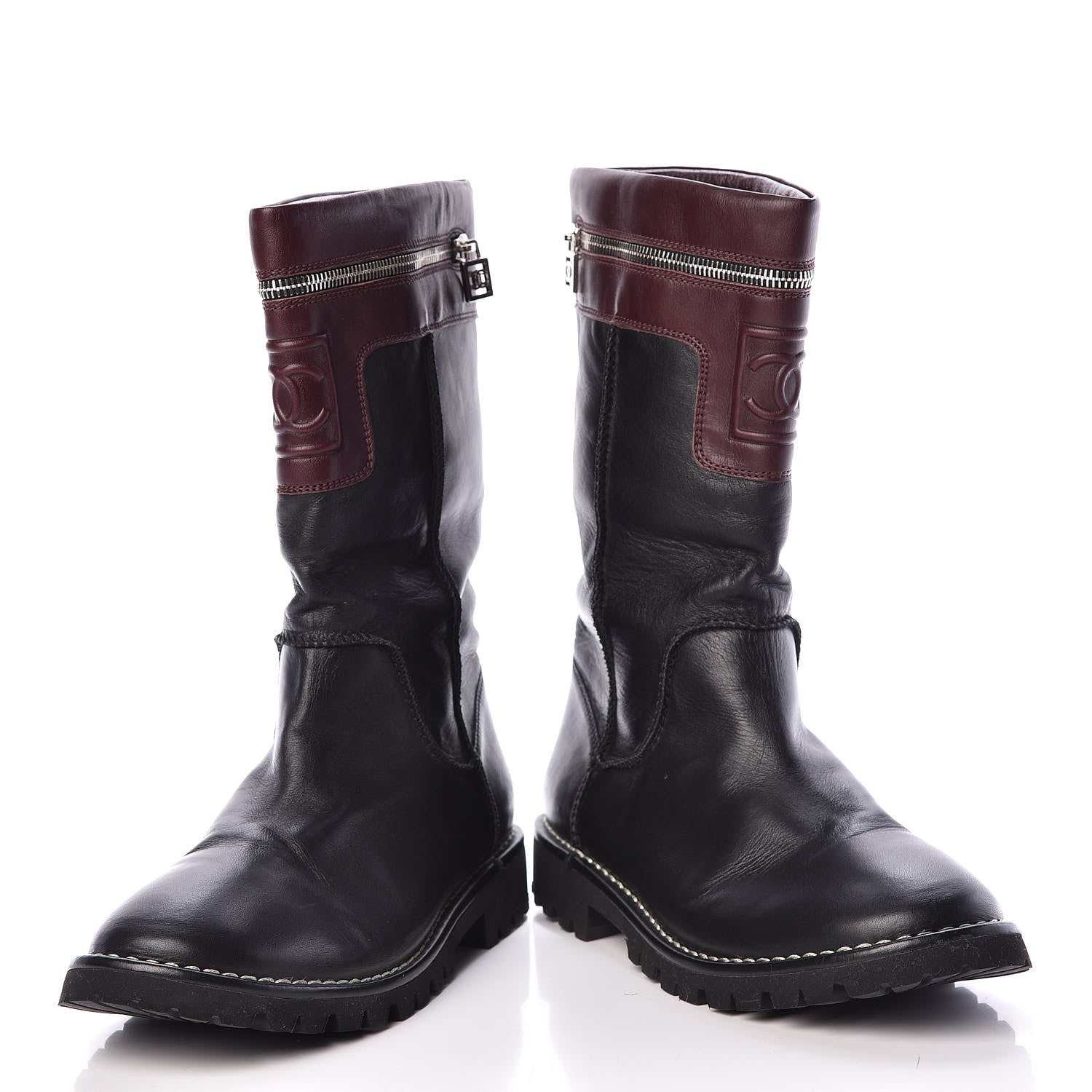 Chanel Calfskin Motorcycle Zipper Boots 40.5 Black Burgundy 6 of 12