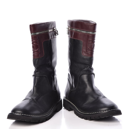 Chanel Calfskin Motorcycle Zipper Boots 40.5 Black Burgundy 6 of 12