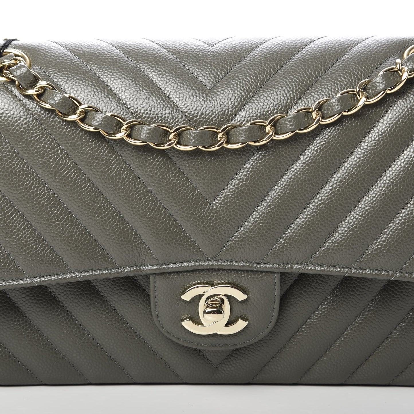 Caviar Chevron Quilted Medium Double Flap Dark Grey