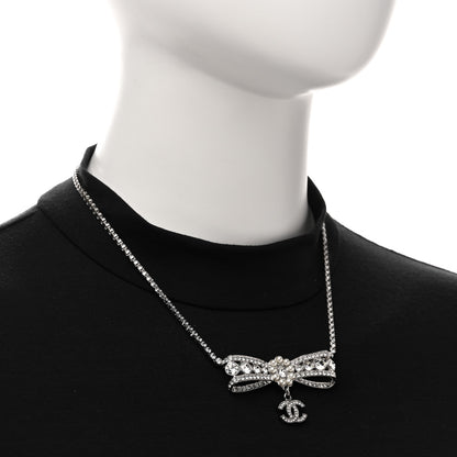Chanel Crystal Pearl CC Bow Drop Necklace Silver 2 of 6
