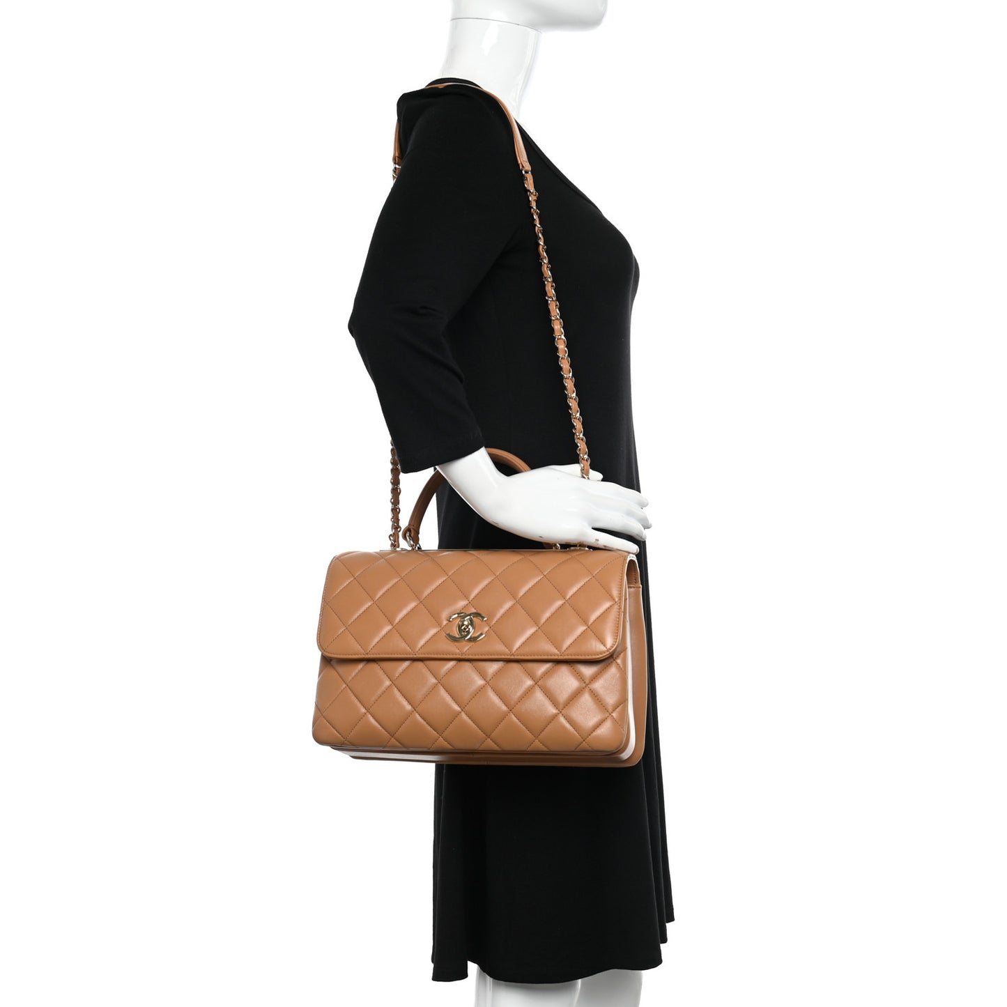 Lambskin Quilted Medium Trendy CC Flap Dual Handle Bag Camel