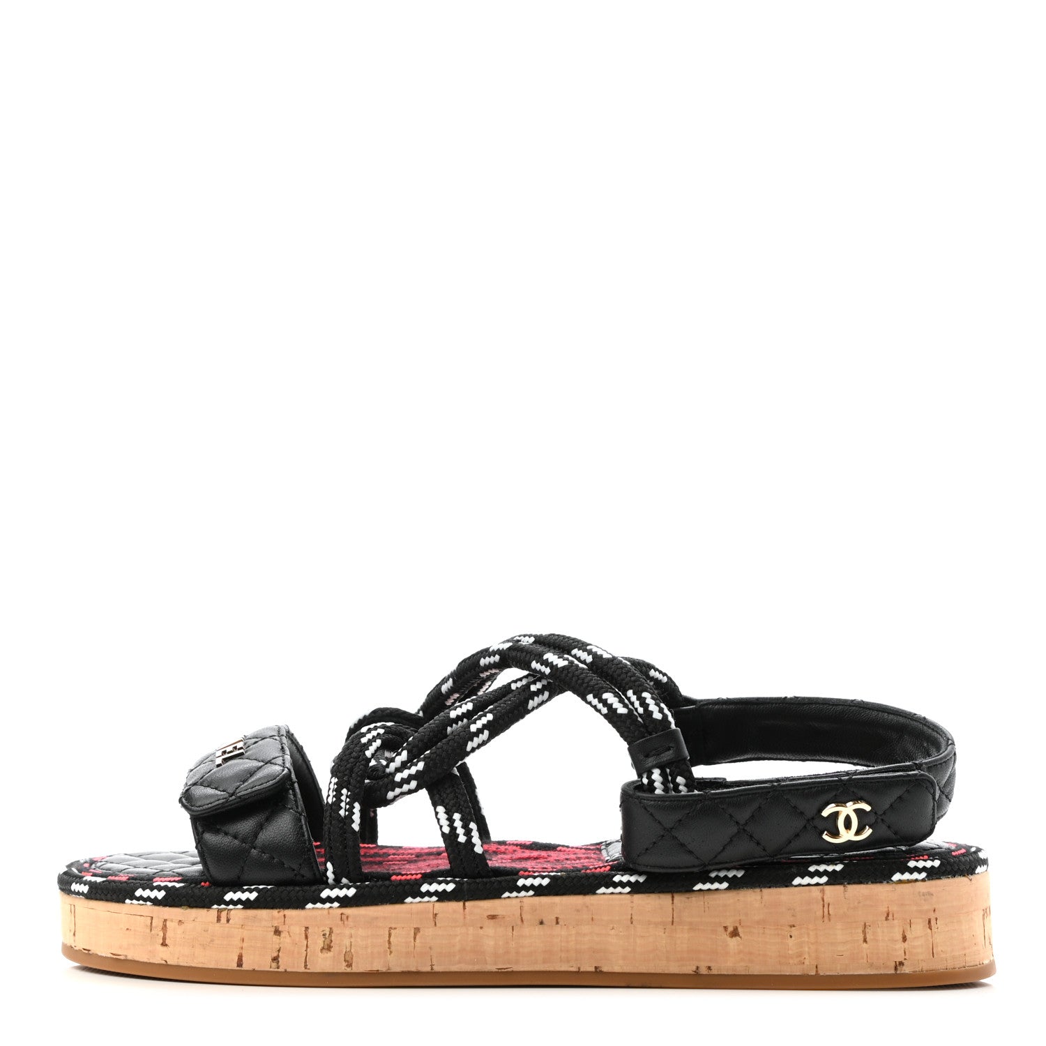 Chanel Cord Lambskin Quilted Logo Sandals 39 Black White 1 of 7