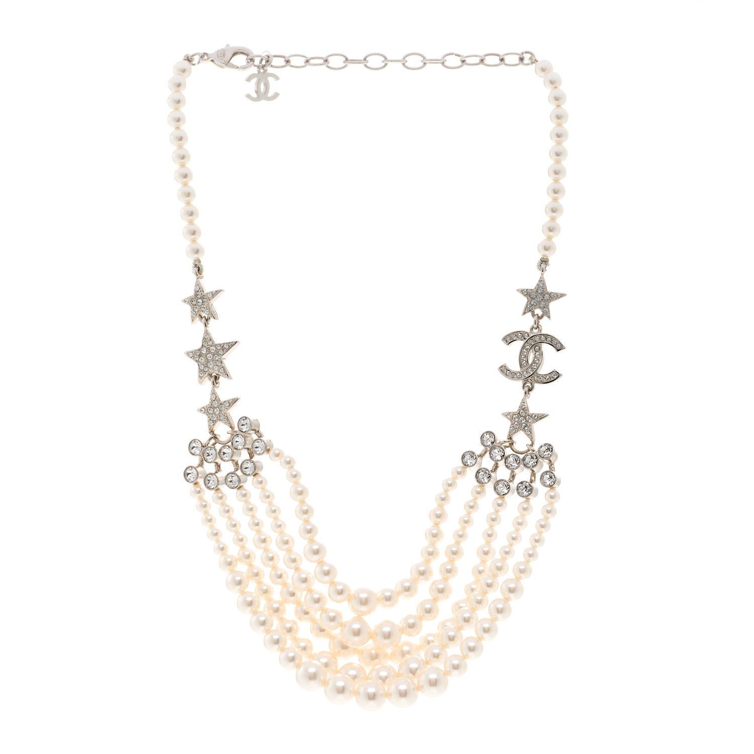 Chanel Pearl Crystal Star CC Multi Strand Necklace Pearly White Silver 3 of 6
