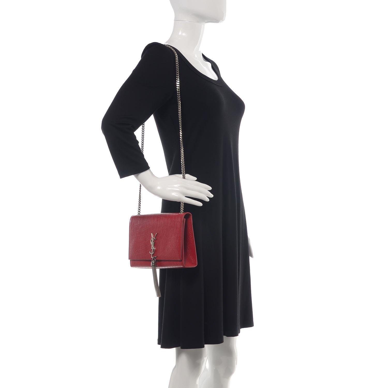 Saint Laurent Calfskin Crocodile Embossed Medium Classic Monogram Kate Tassel Satchel Red 2 of 10