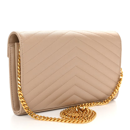 Saint Laurent Grain De Poudre Matelasse Chevron Monogram Chain Wallet Dark Beige 3 of 11
