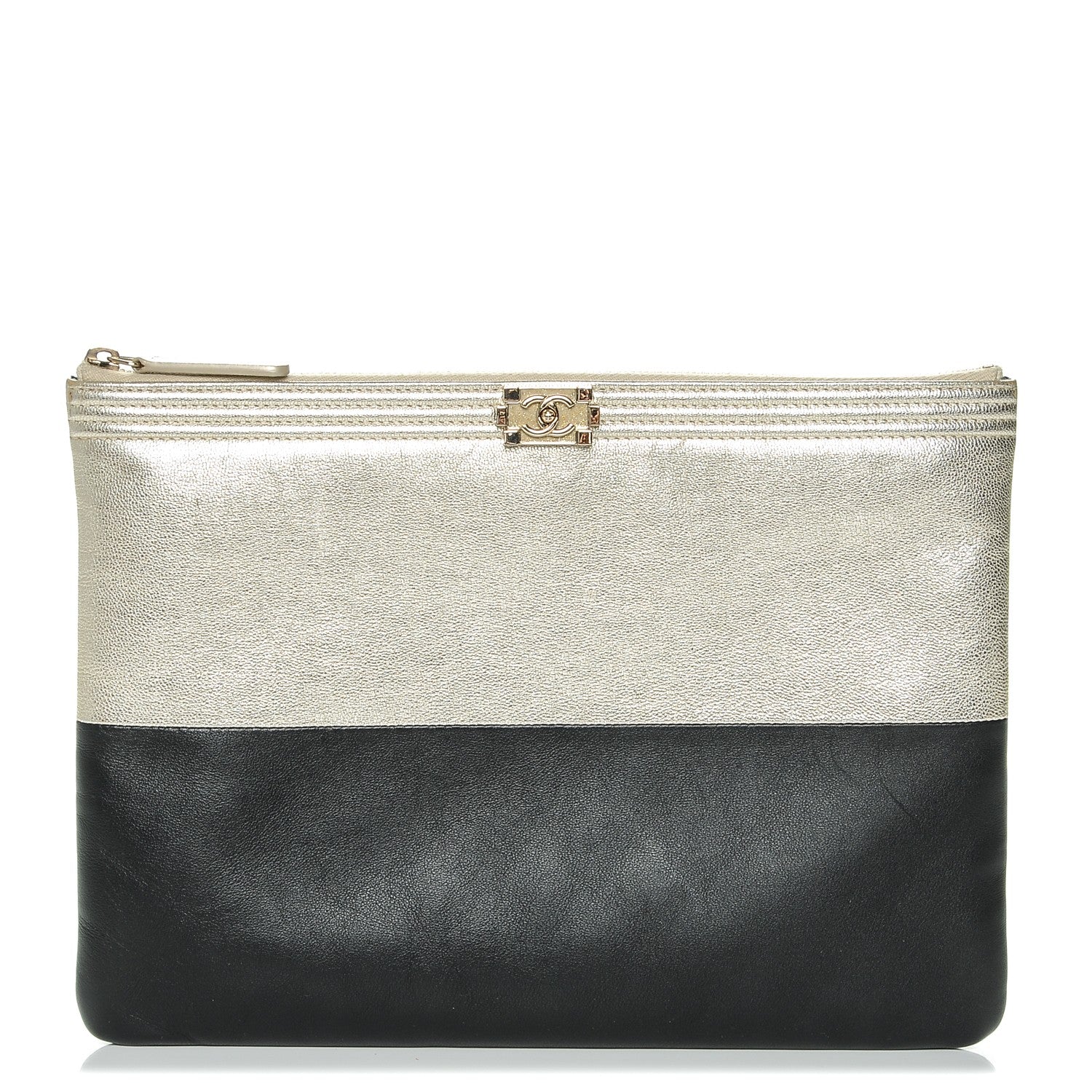Chanel Metallic Goatskin Lambskin Medium Boy Cosmetic Case Black Gold 1 of 7