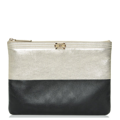 Chanel Metallic Goatskin Lambskin Medium Boy Cosmetic Case Black Gold 1 of 7