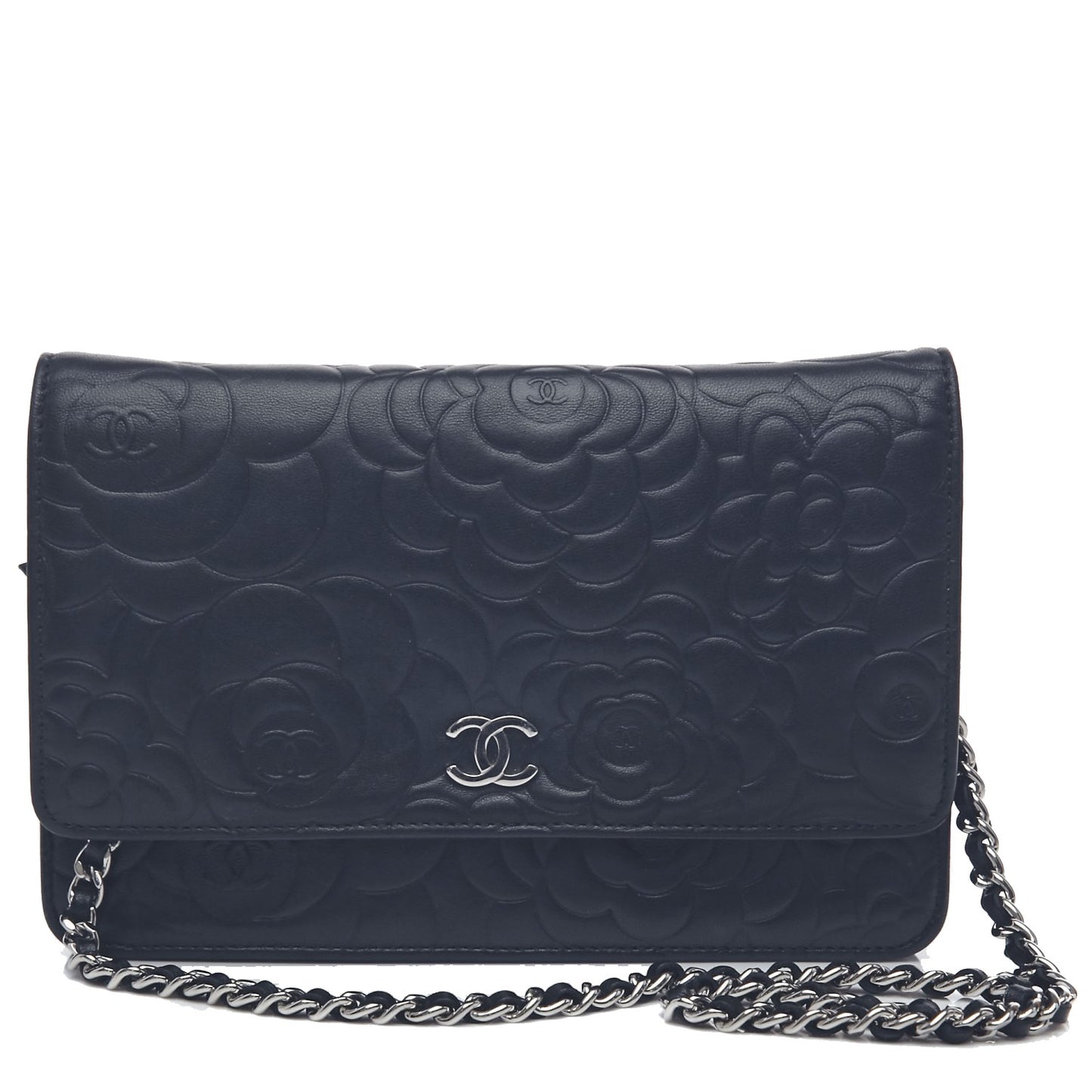 Lambskin Camellia Embossed Wallet On Chain WOC Black
