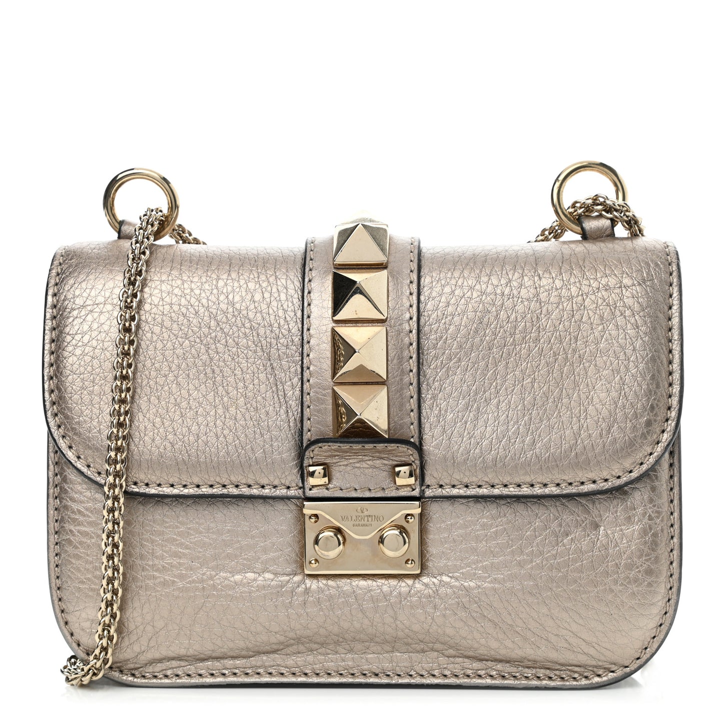 Metallic Vitello Small Glam Lock Rockstud Flap Platino