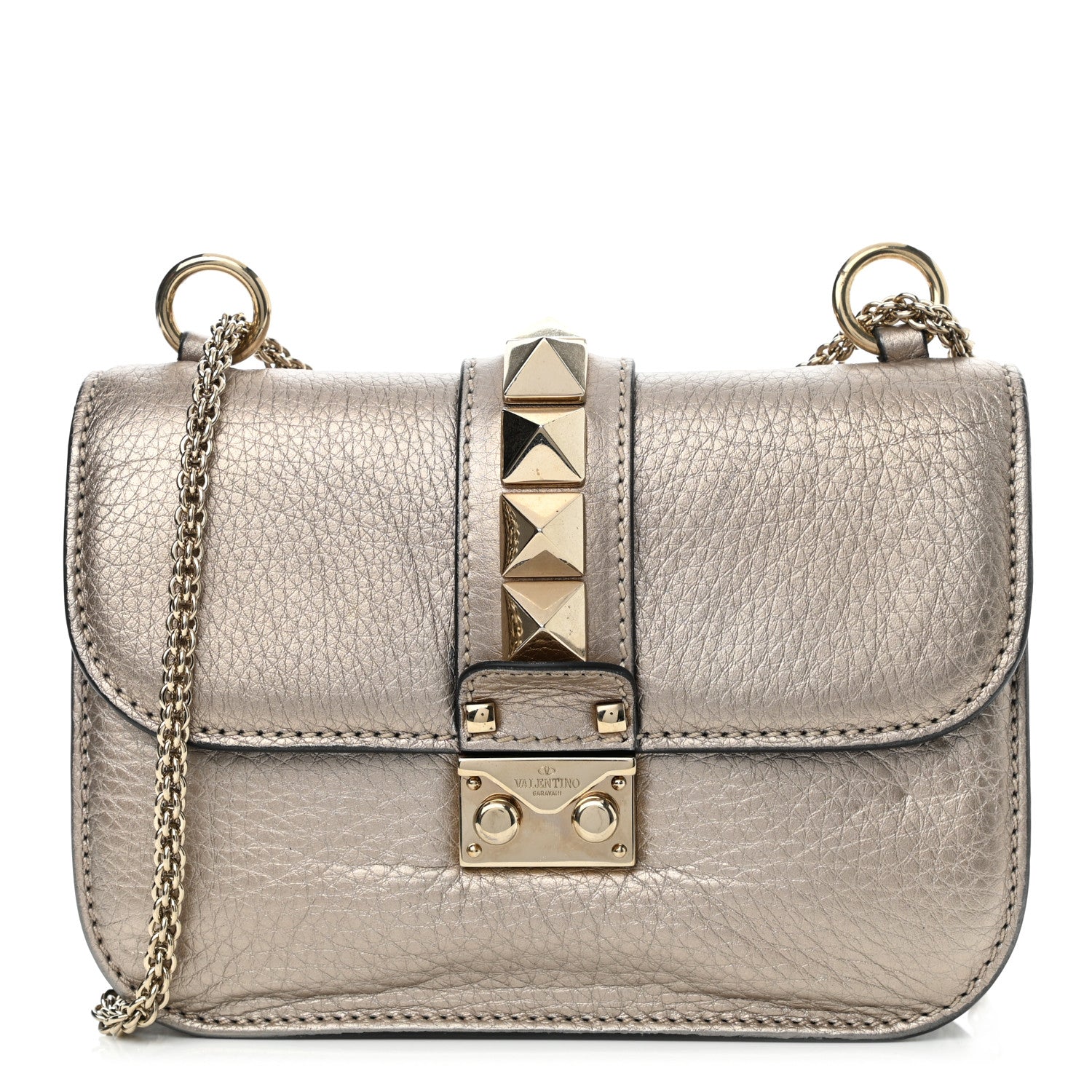 Valentino Garavani Metallic Vitello Small Glam Lock Rockstud Flap Platino 1 of 9