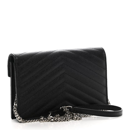 Saint Laurent Grain De Poudre Matelasse Chevron Monogram Envelope Chain Wallet Black 3 of 10