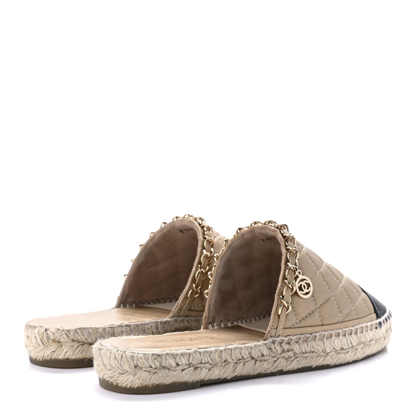 Metallic Calfskin Lambskin Grosgrain Quilted CC Chain Espadrille Mules 37 Gold Black