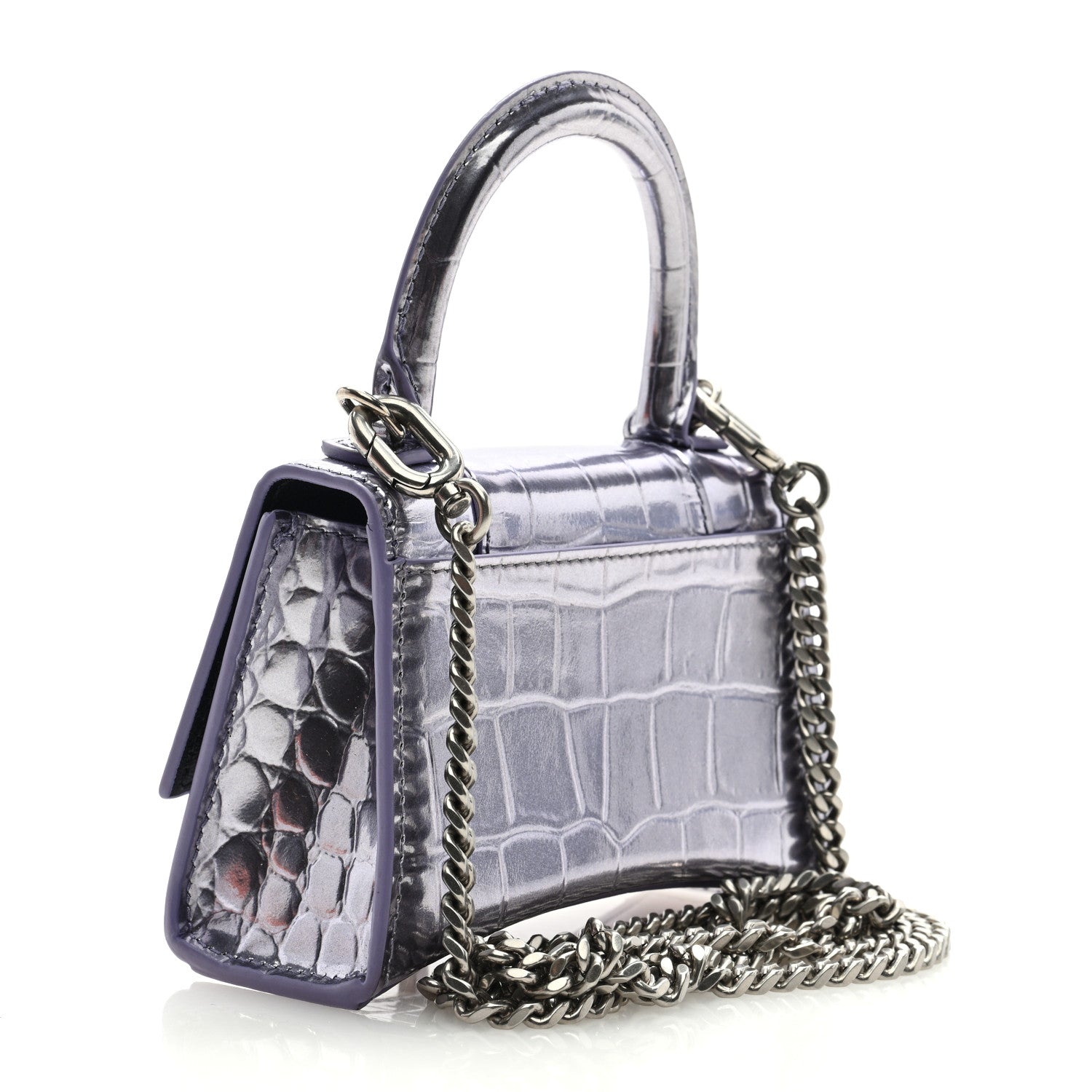 Balenciaga Metallic Calfskin Crocodile Embossed Hourglass Top Handle Bag Mini with Chain Lilac 3 of 8